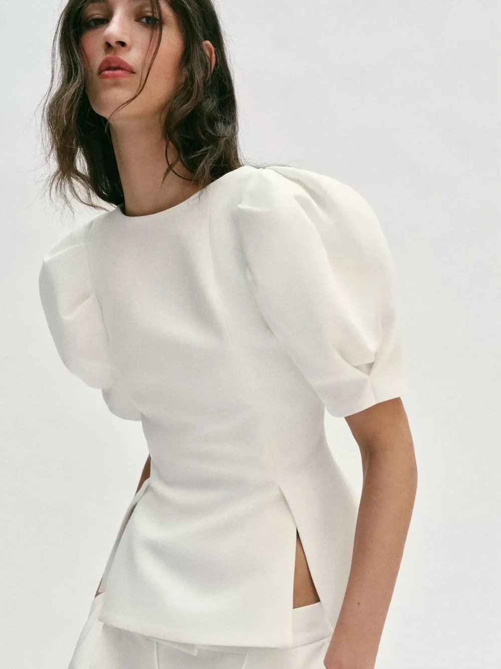 Zara White Puff Sleeve Crewneck Top